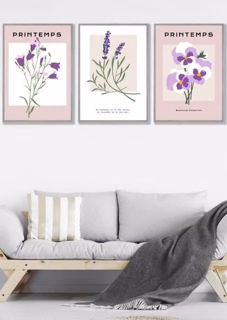 ARTZE Set of 3 Vintage Floral Spring Flower Market Wall Art in Grey and Purple, W: 45 cm, H: 62 cm, D: 2 cm