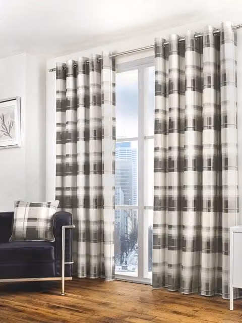 Fusion Balmoral Check Country Checked Pattern Pair of Eyelet Curtains in Dark Grey, W: 229 cm, D: 183 cm – 1