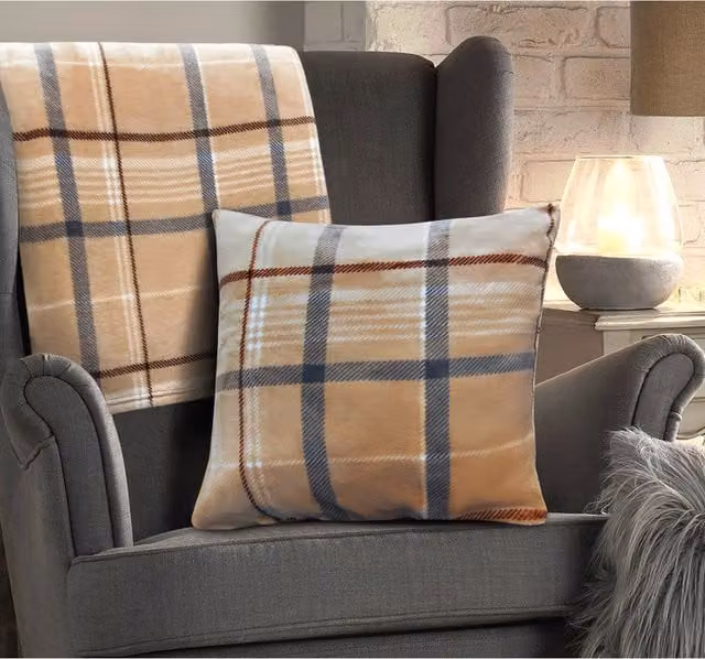Velosso Classic Checked Flannel Square Cushion in Beige and Orange
