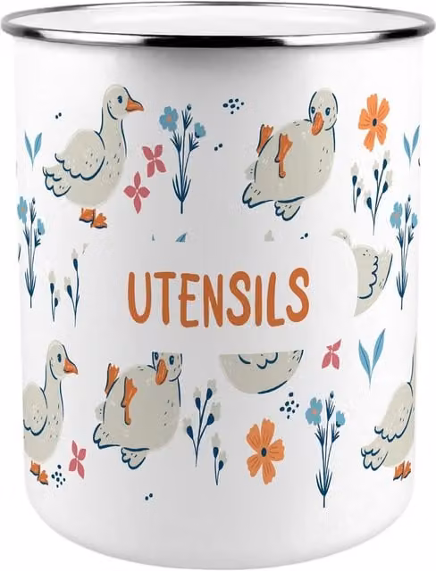 Purely Home Ceramic Ducks and Flowers Kitchen Utensil Holder, Multicoloured and White