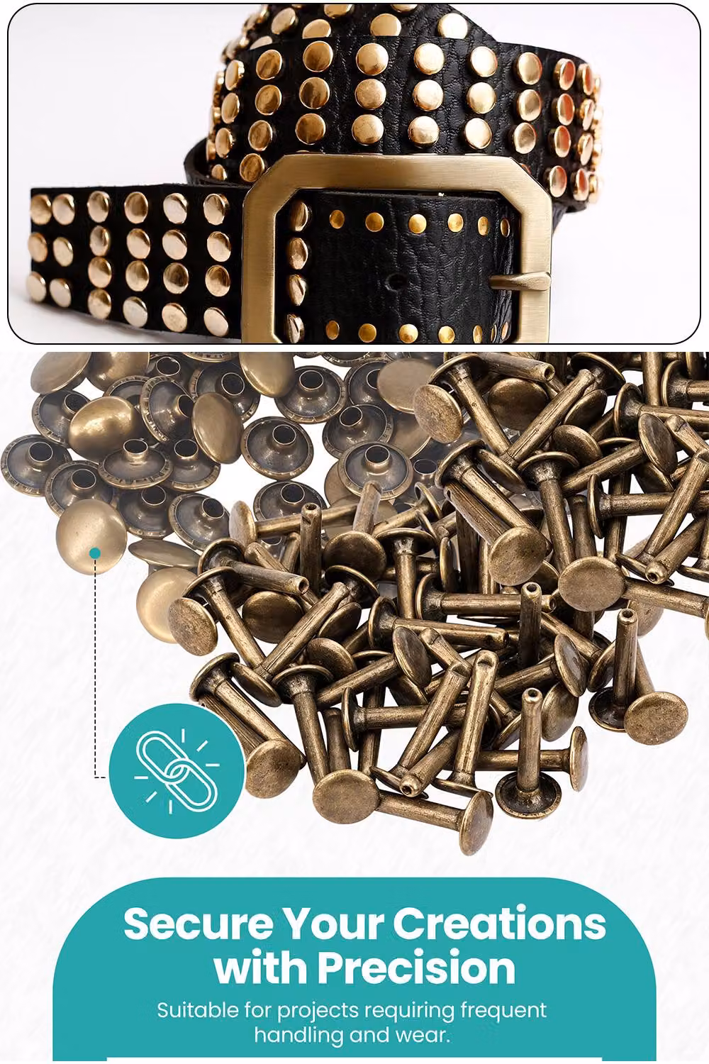 Neel Blue Extra Long Double Cap Studs, 50pcs Brass Tubular Rivets in Bronze, 8mm x 14mm – 3