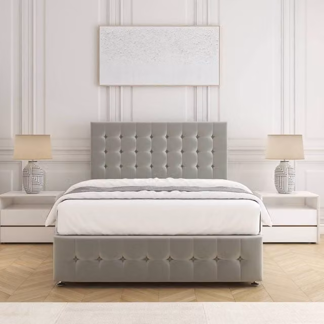 BSSPOKE Eva Double Divan Bed Set with 24 inch Plush Velvet Headboard and Mattress in Silver Grey, W/D/H: 140 x 200 cm
