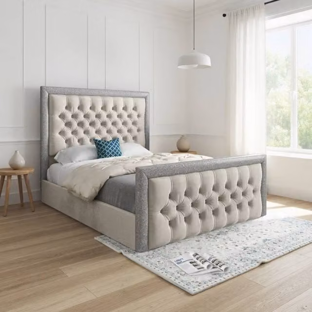 KDMD Wolston Designer Bed Frame in Cream Beige Soft Velvet with Glitter Border, Super King, W/D/H: 200 x 189 x 137 cm – 1