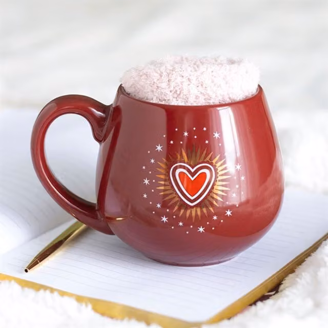 KDMK Sacred Heart Ceramic Mug and Pink Socks Set in Red
