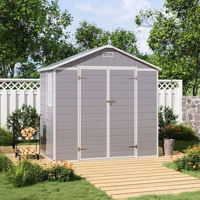 Apex Grey Plastic Gable Roof Garden Tool Shed for Patio Storage, W/D/H: 230 x 137.5 x 226.5 cm