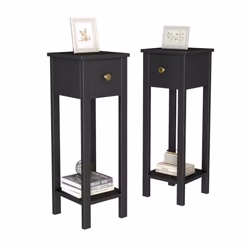 MCC Direct Amelia Set of 2 Solid Wood Bedside Tables with Open Shelf and Drawer, Black – 1