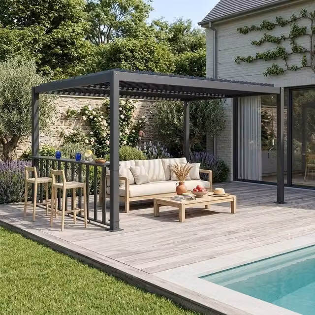 Sweekeek Louvered Pergola with Narrow Counter in Dark Grey, W: 400 cm, D: 300 cm, H: 231 cm – 1