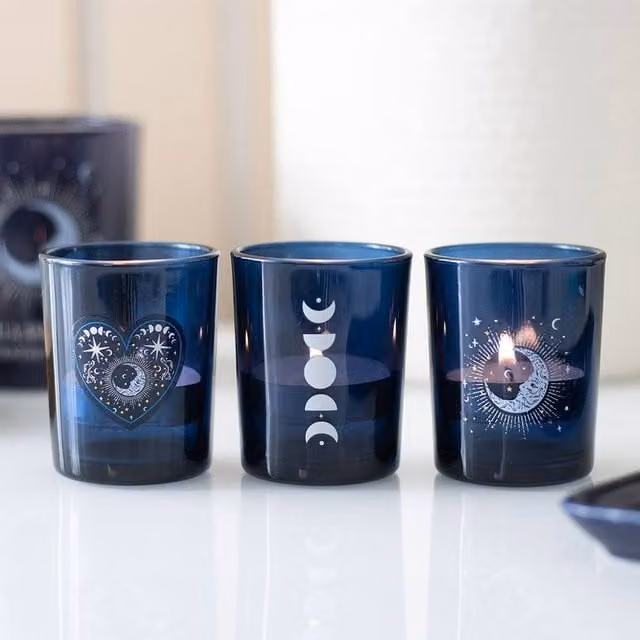 Uniqueful Set of 3 Blue Moon Glass Votive Tealight Candle Holders in Navy Blue