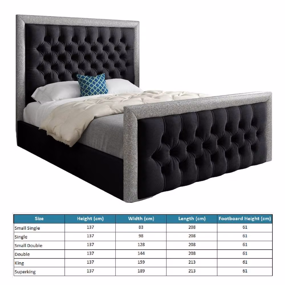 Casani Thorpe Glitter Border Upholstered Designer Bed Frame in Black Soft Velvet, W/D/H: 120 x 200 cm – 6