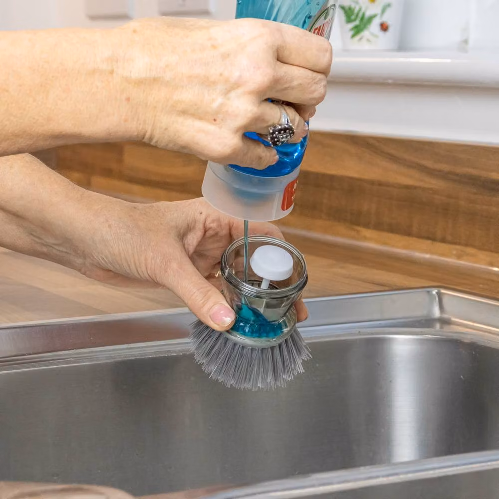 JVL Soap Dispenser Washing Up Scrubbing Brush in Grey and Transparent – 3