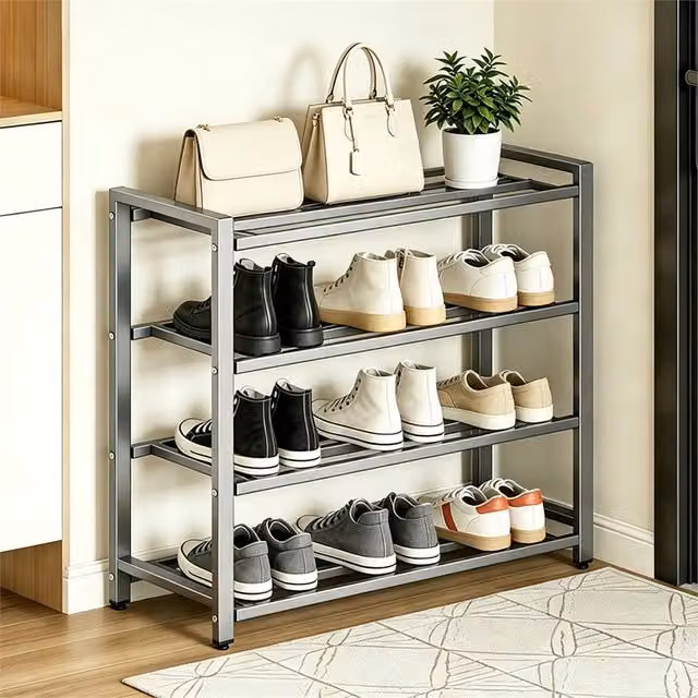 NESTLUNE 4-Tier Metal Shoe Storage Rack Organizer in Grey, W: 100 cm, D: 60 cm – 1