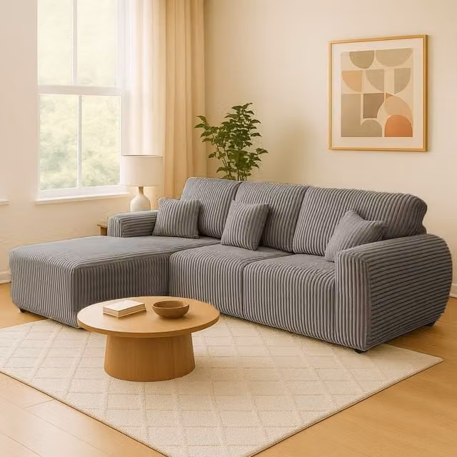 Furnishings For Less UK Vinci 4 Seater Left Hand Facing Corner Sofa in Grey Chunky Thick Cord