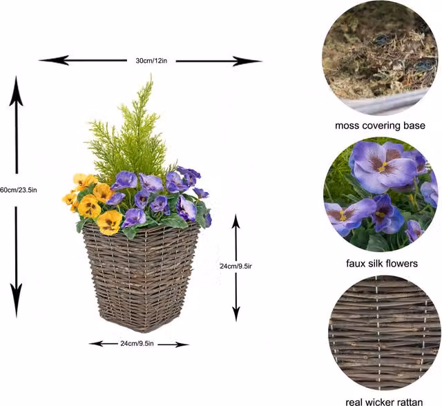 GreenBrokers Set of 2 Artificial Rattan Patio Planters with Mixed Purple and Yellow Pansies, W/D/H: 24 x 24 x 60 cm