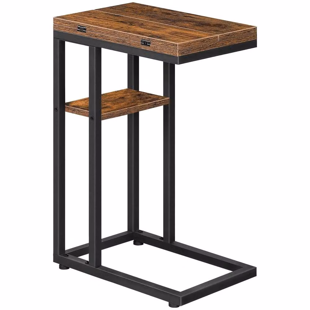 FORGEVIO C Shaped Foldable Side Table with Rustic Brown and Black Metal Finish – 2