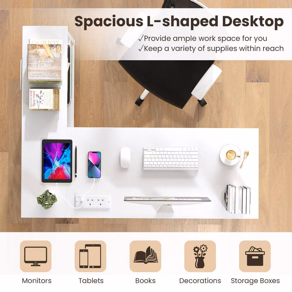 Costway L-Shaped Corner Computer and Writing Desk with Storage Shelves in White – 4