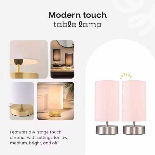 ValueLights Brushed Gold Cylinder Touch Dimmer Table Lamp with Black Fabric Shade and Included LED Bulb – 2
