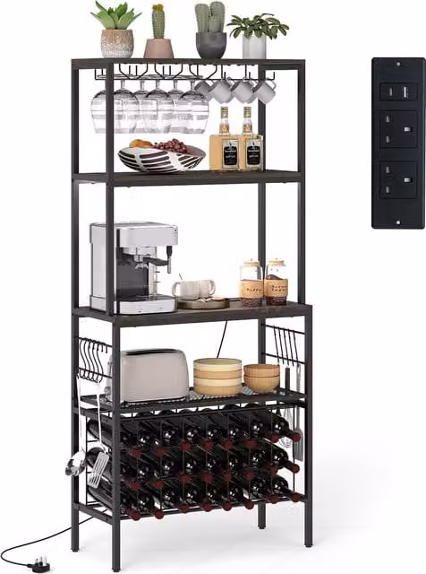 Costway Multi-Tier Wine Organizer Bar and Bakers Rack with Power Outlet in Grey – 1