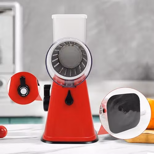 AMOS Rotary Multifunction Cheese Grater and Vegetable Slicer with Three Stainless Steel Drum Blades, Red – 3