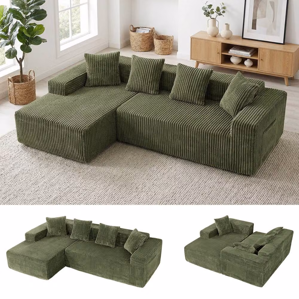 Dprodo 4 Seater Modular Left L-Shaped Sectional Sofa in Green Velvet Cord Fabric – 2
