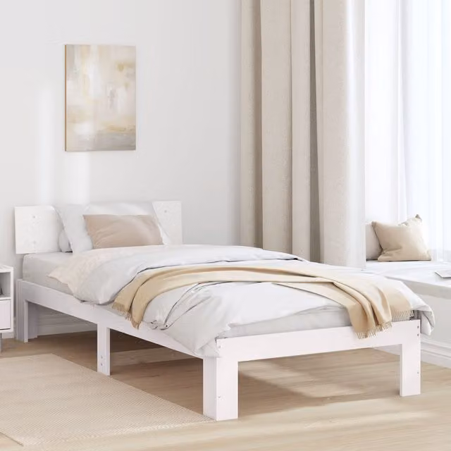 Berkfield Home Solid Pine Wood Bed Frame with Headboard, White, W/D/H: 100 x 200 x 66 cm