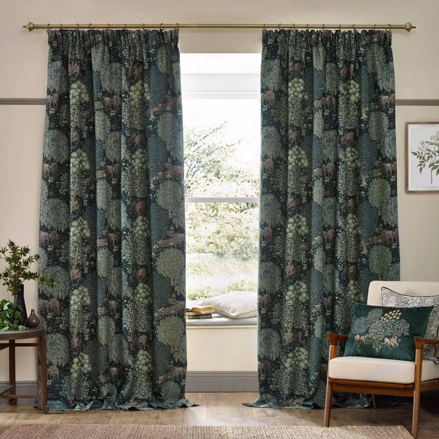 Morris & Co Brook Woodland Jacquard Room Darkening Pencil Pleat Curtains in Green, Width: 229 cm, Drop: 137 cm – 2