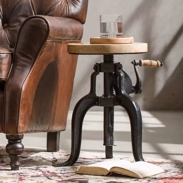 IH Design Industrial Vintage Mintis Crank Table in Brown Wood and Metal with Height Adjustment