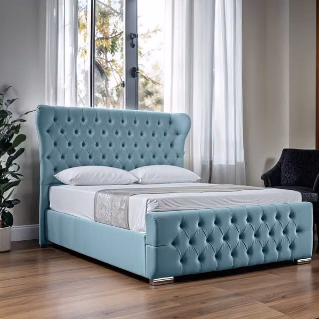 UK Bed Furniture Isabella Ottoman Gas Lift Upholstered Bed with 48 Inch Wing Headboard in Light Blue, Size: Double (140 x 200 cm) – 1