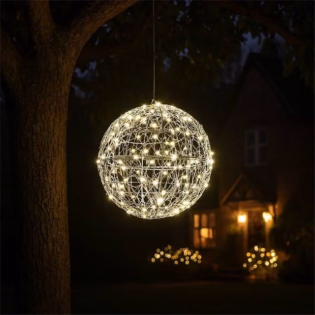 Xmas Haus Silver LED Christmas Hanging Ball with Warm White Light, 30 cm