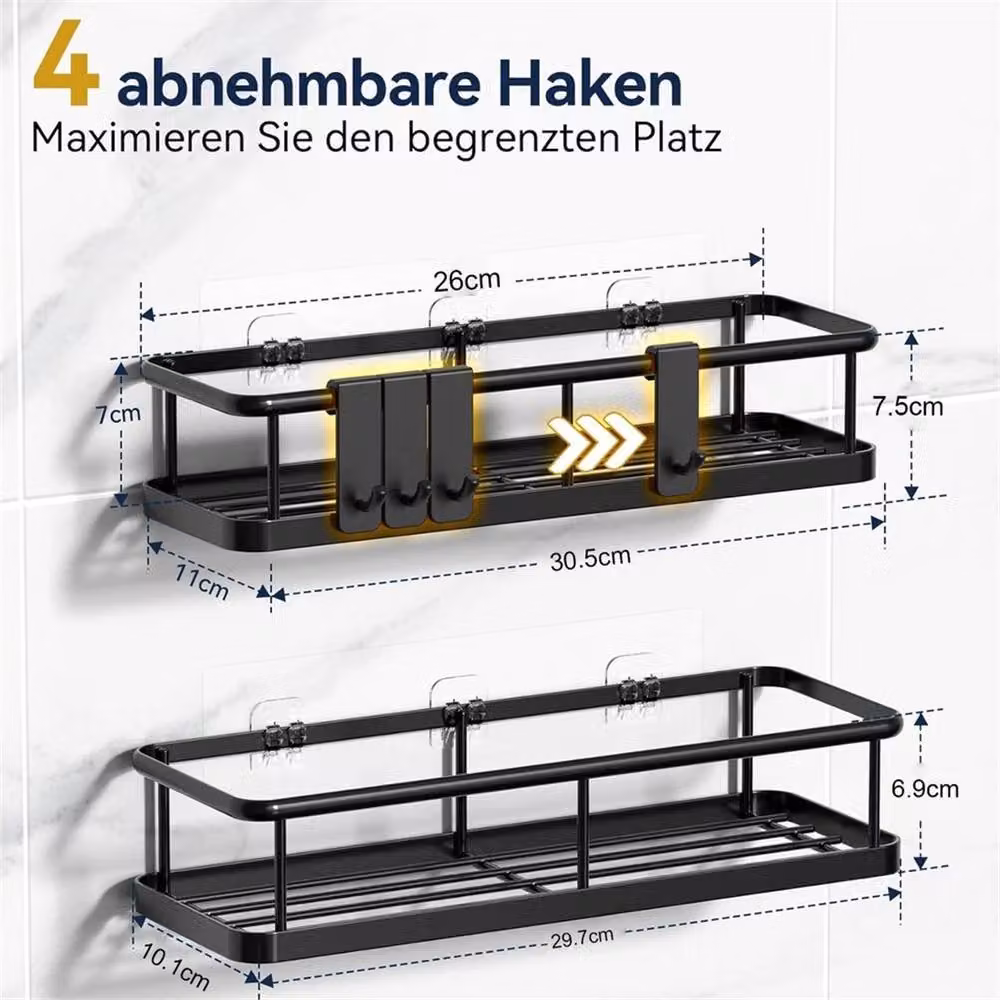 Nordara 2-Piece Black Metal Rustproof Bathroom Caddy Storage Set with Hooks, Width: 50 cm – 2