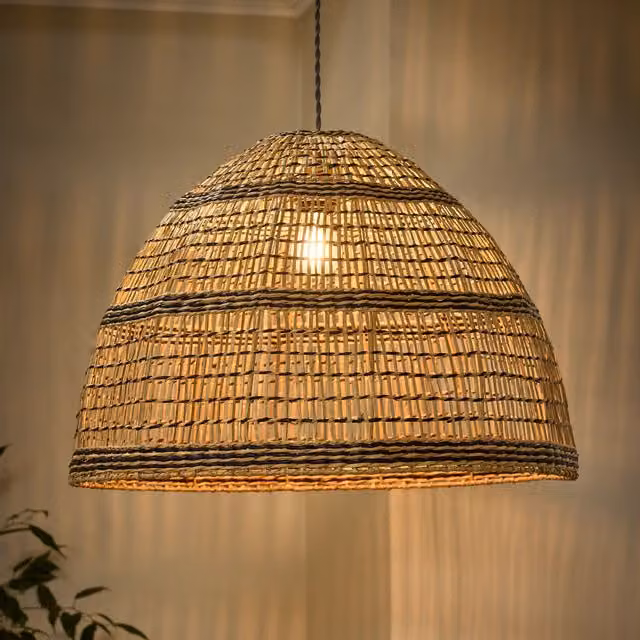 Dibor Traditional Seagrass Stripe Easy Fit Decor Ceiling Shade in Beige and Black, H 41 cm x D 60 cm