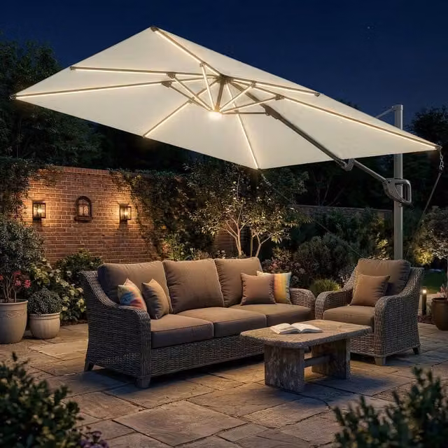 Outsunny Cream Cantilever Garden Parasol with Light and UPF 50+ Protection