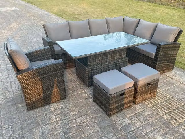 Fimous 9 Seater High Back Rattan Corner Sofa Set with Adjustable Rising Table in Dark Grey