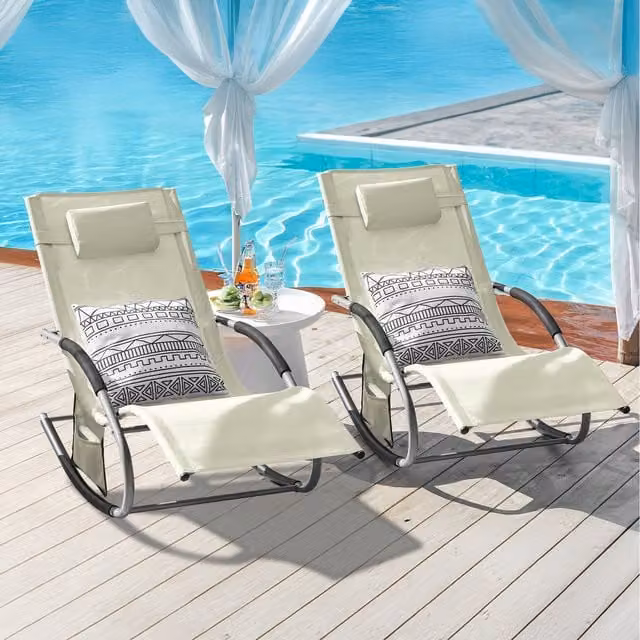 SoBuy Set of 2 Beige Outdoor Garden Rocking Sun Lounger Recliners with Adjustable Headrests and Armrests