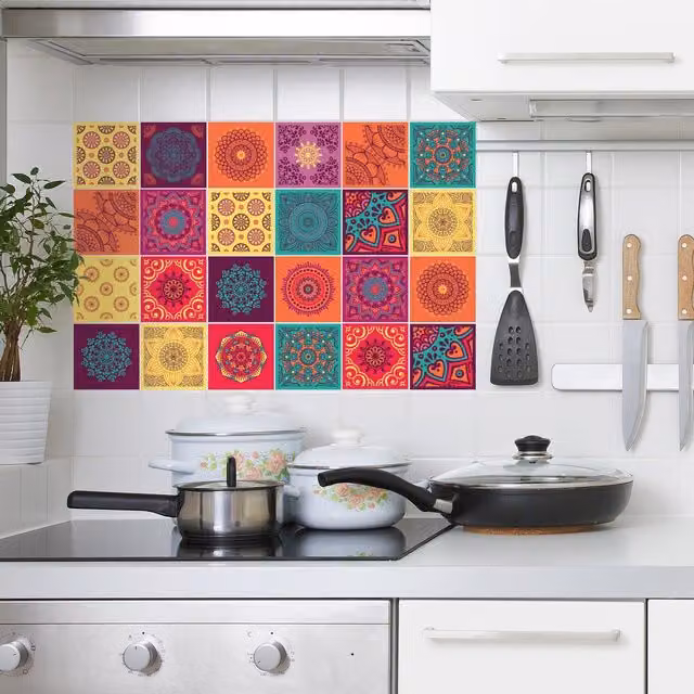 Walplus Adhesive Floral Wall Tile Stickers, Multicoloured and Green, 10 x 10 cm, 24 Pack