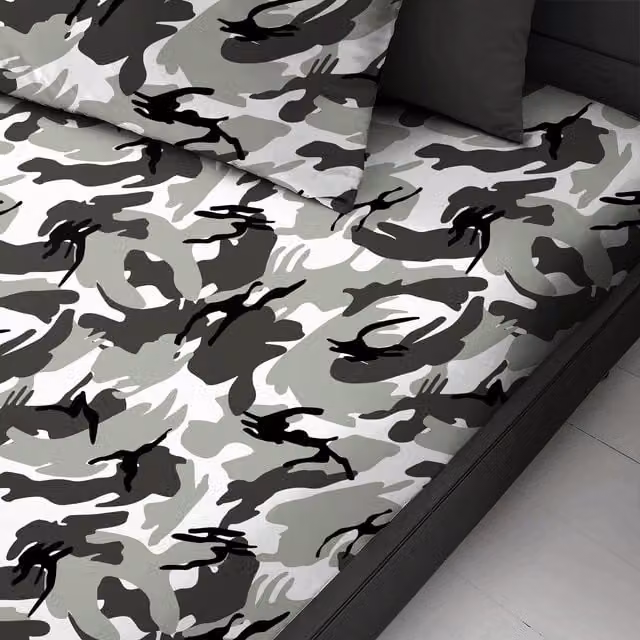 Velosso Military Style Camouflage Fitted Sheet, Grey, Polycotton, W: 140 cm, L: 200 cm