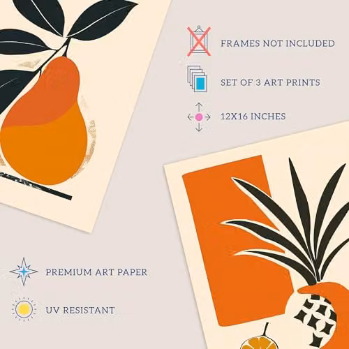 Wee Blue Coo Set of 3 Summer Fruit Boho Mid Century Kitchen Paper Posters, Blue and Orange, W/H: 30.5 x 40.6 cm – 3