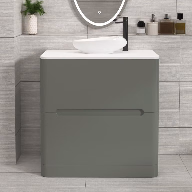 Royal Bathrooms Venice 800mm Sage Green Floor Standing Vanity Unit with 2 Drawers, Plain White Worktop and Nova Basin
