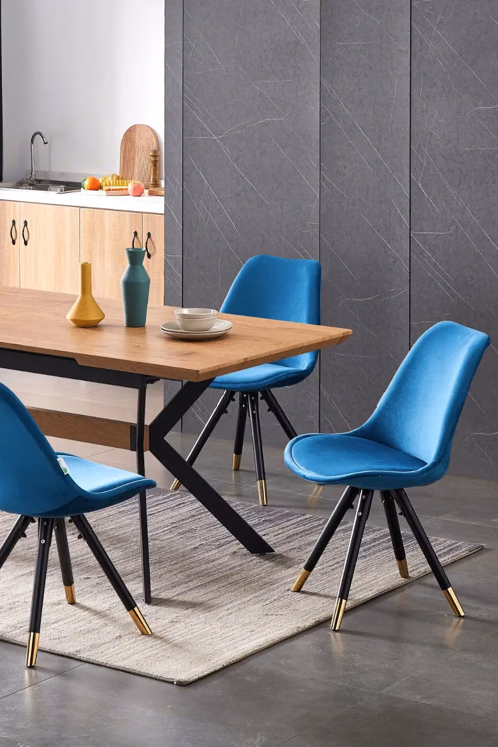 Life Interiors Sofia Ergonomic Modern Dining Chairs, Set of 2, Blue Velvet with Gold End Cap Metal Legs – 6