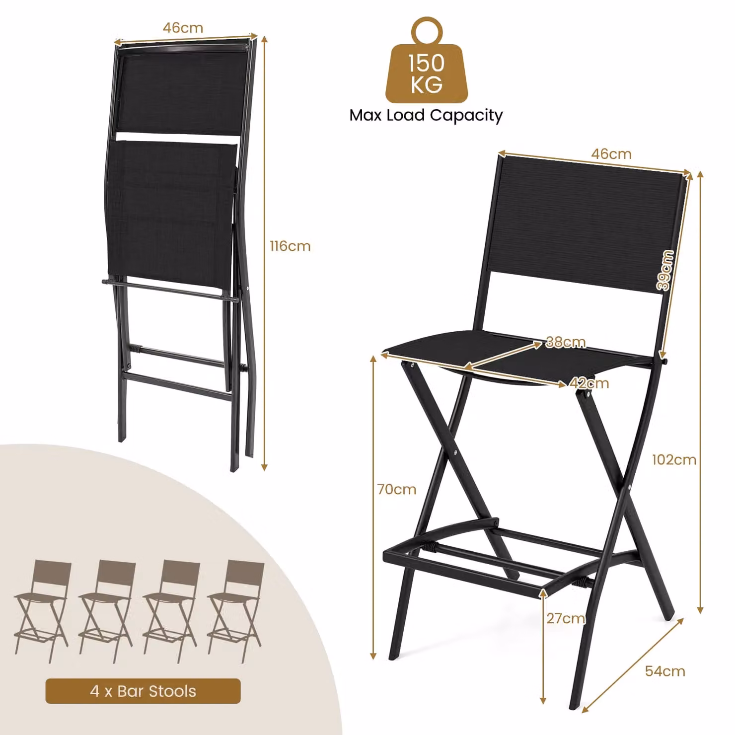 Costway Set of 4 Folding Outdoor Bar Height Stools with Footrest in Black – 2