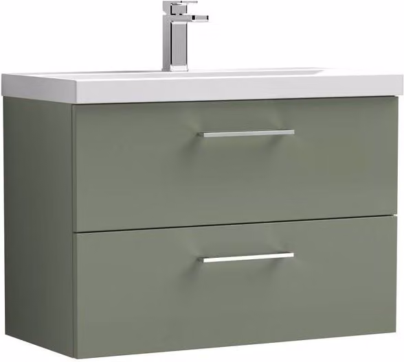 Balterley Modern Wall-Hung 2-Drawer Bathroom Vanity Unit with Basin in Matt Satin Green, Width: 80 cm