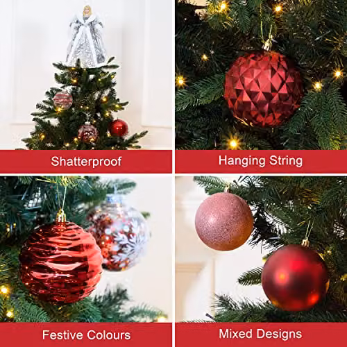 The Christmas Workshop Set of 12 Shatterproof Textured Red Plastic Baubles with Hanging Strings – 2