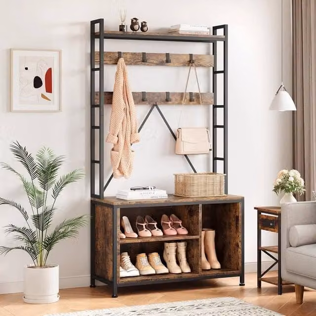 KORVIXA Brown 5 in 1 Hall Tree Bench with Coat Rack and Shoe Storage, Width: 90 cm – 1