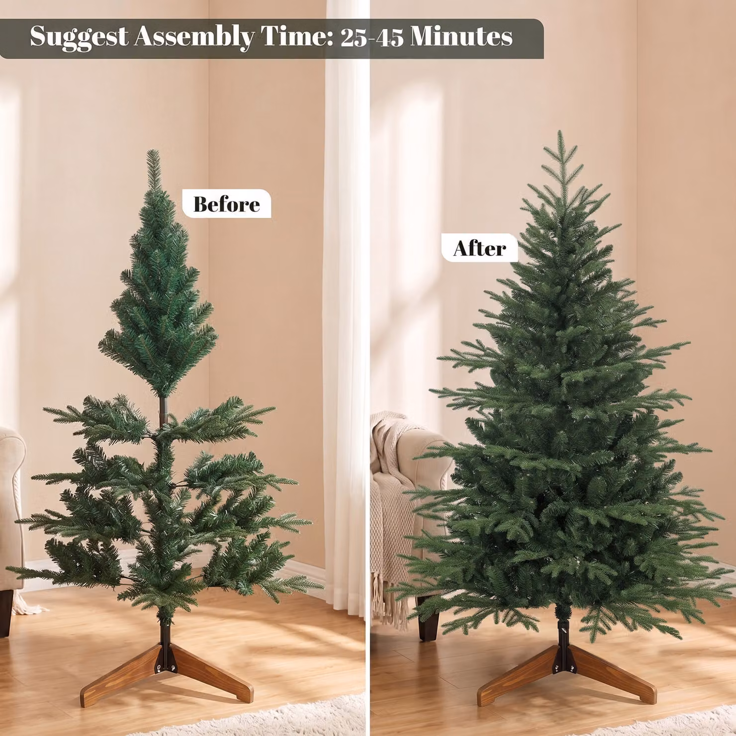 HOMCOM 150cm Green Artificial Christmas Tree with Solid Pine Wood Stand – 6