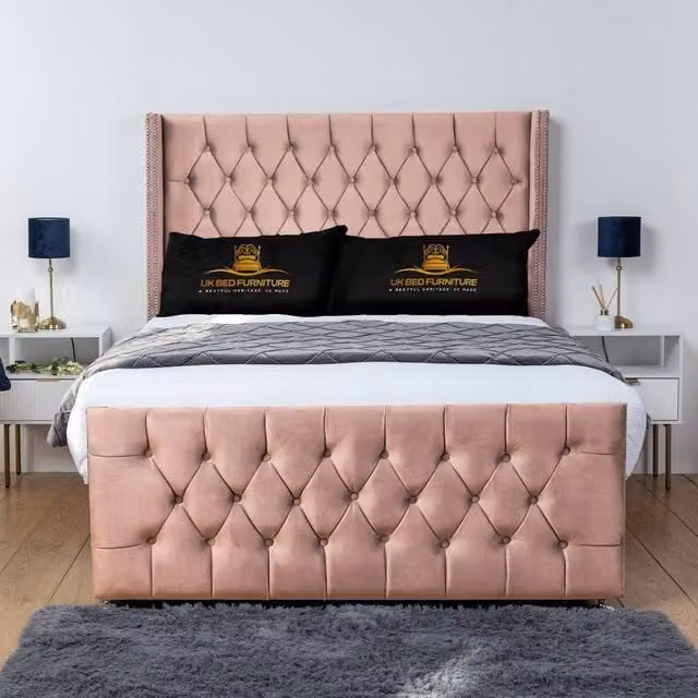 UK Bed Furniture Emily Wingback Divan Bed with 54 Inch Diamond Headboard in Pink, Double, W/D/H: 140 x 200 cm