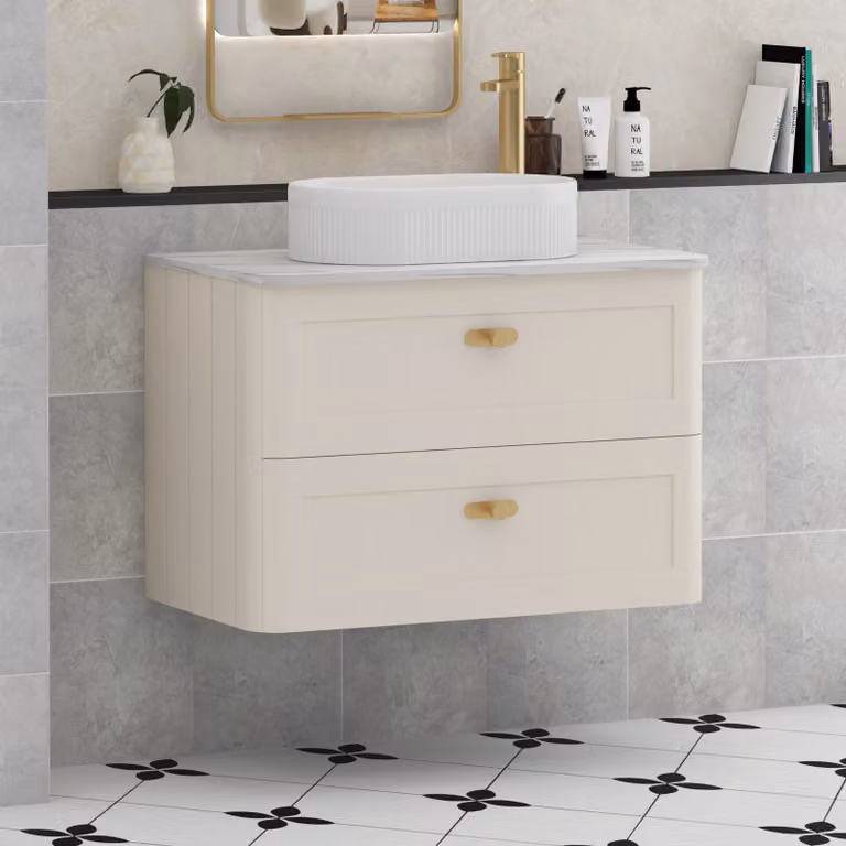 Royal Bathrooms Henley 800mm Wall Hung Vanity Unit in Mushroom Cashmere with Lyon Basin and Brushed Brass Knob