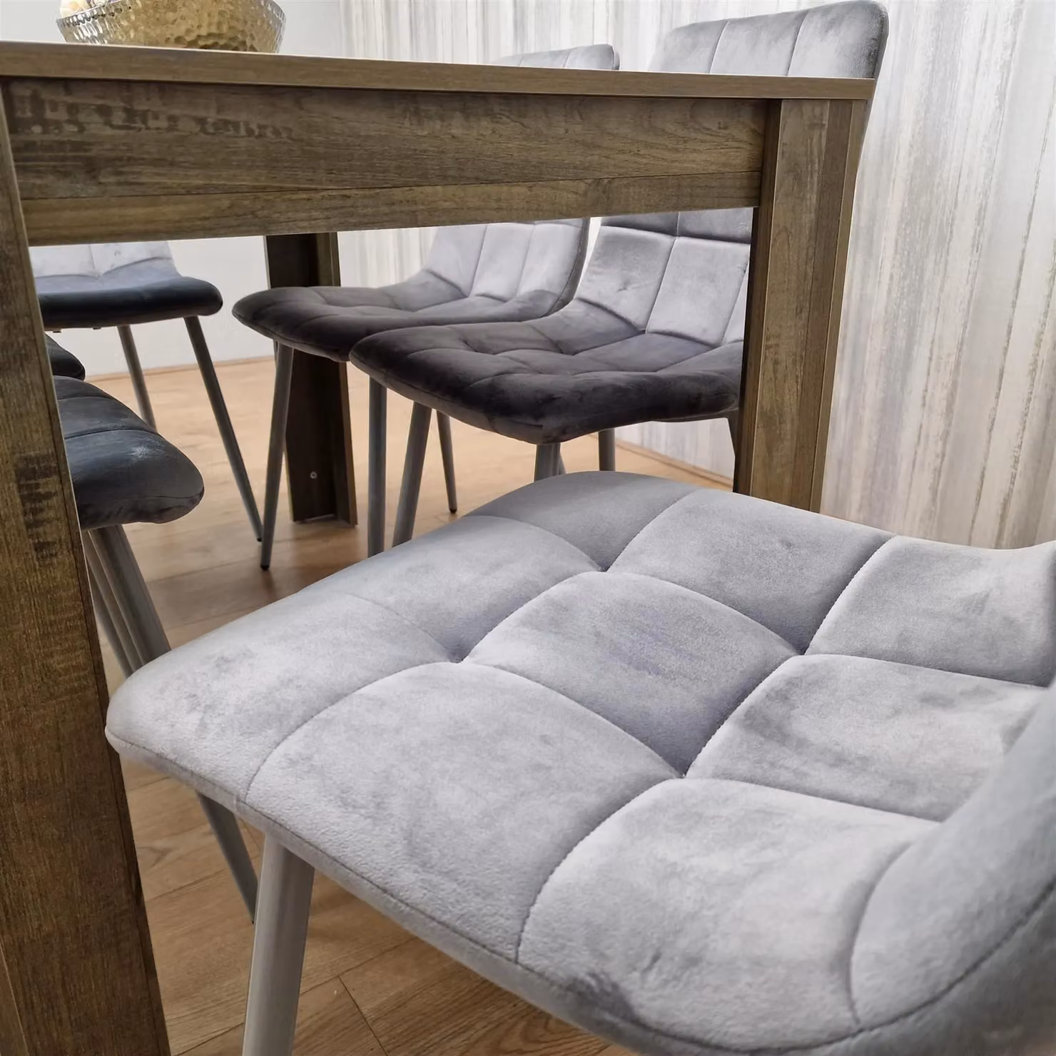 KOSY KOALA Rustic Brown Dining Table Set with 6 Grey Velvet Chairs – 2
