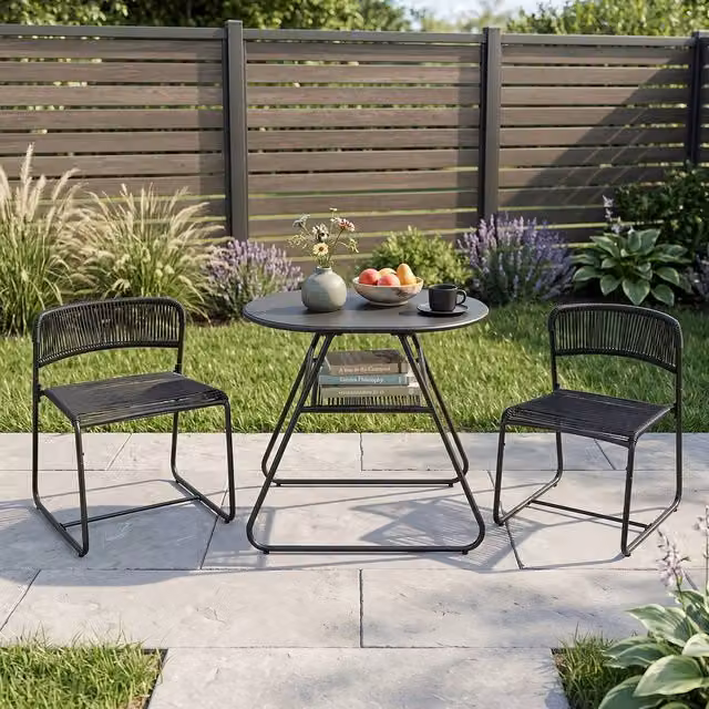 Gymax 3 Piece PE Rattan Bistro Set with 2-Tier Coffee Table and 2 Stackable Chairs in Black – 1