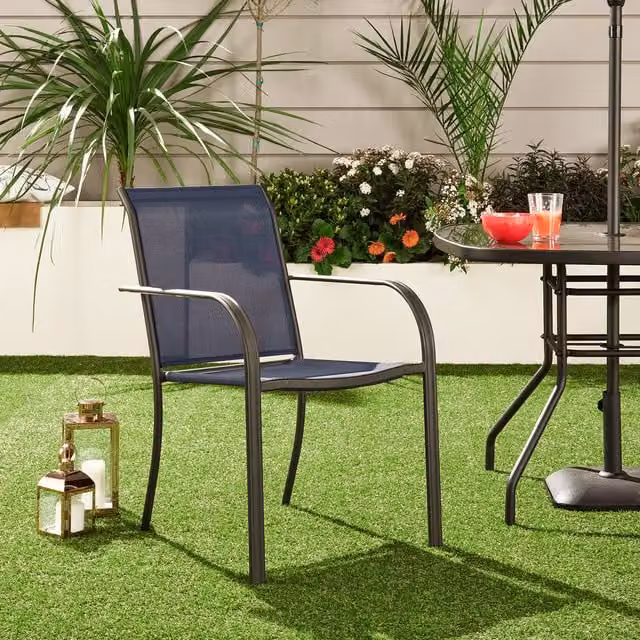 Outdoor Essentials Rio Sling Garden Chair in Navy Blue with Armrests and Stackable Design