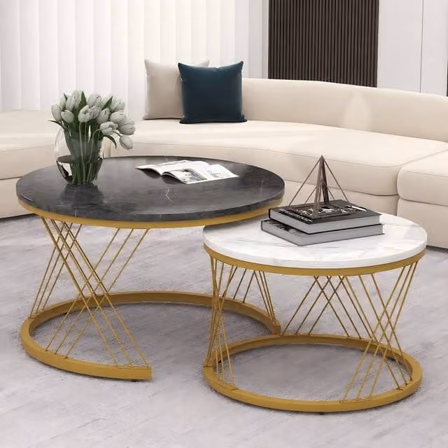 Merax Set of 2 Round Nesting Coffee Tables with Marble Effect Composite Tops and Black Metal Frames