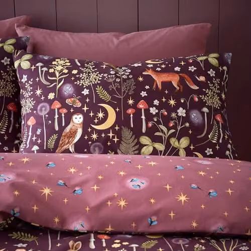 Catherine Lansfield Enchanted Twilight Animals Reversible Double Duvet Cover and Pillowcase Set in Purple, W/H: 200 x 200 cm, Pillowcase: 50 x 75 cm – 2